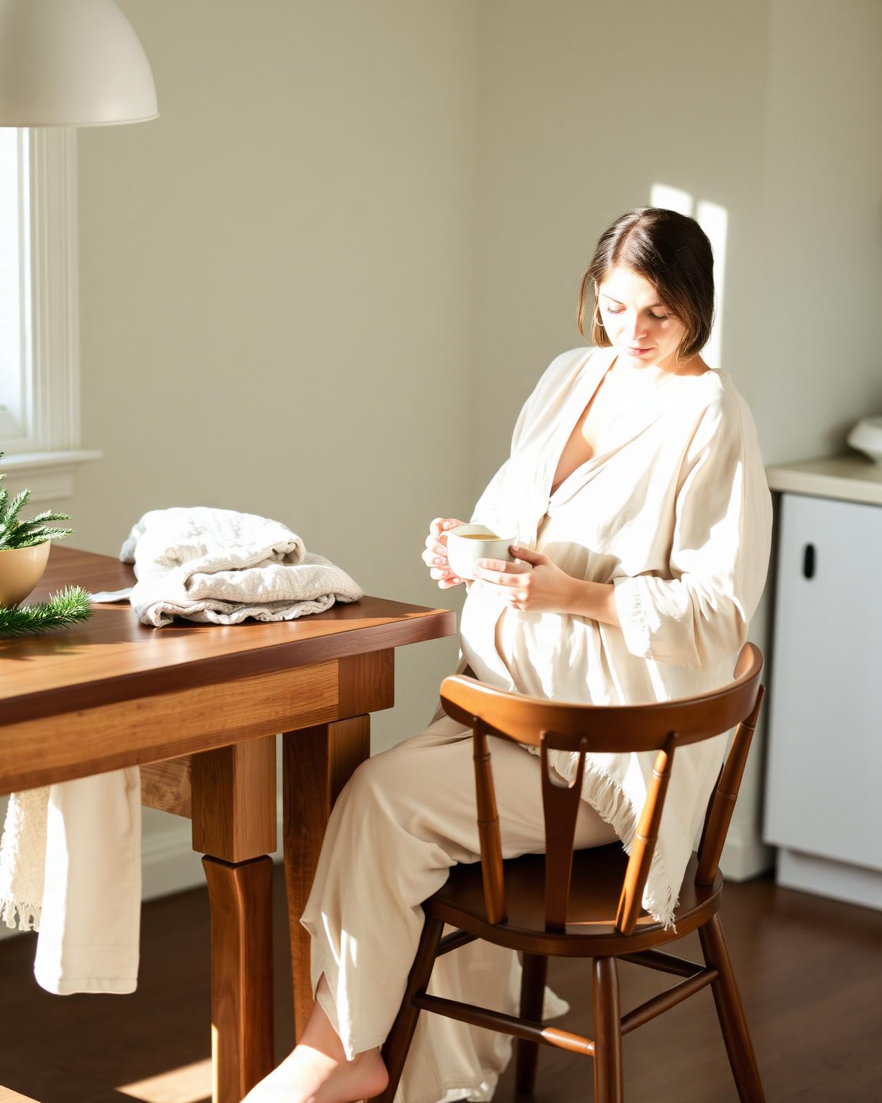 A new mother in soft linen at a wooden table with a warm mug of broth, gentle morning light