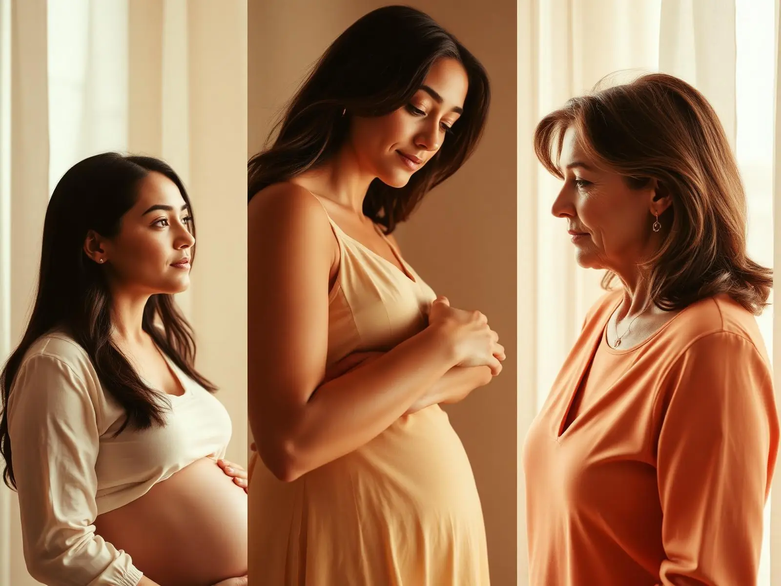 Editorial collage of three women in different seasons of life — pregnancy, early motherhood, and midlife
