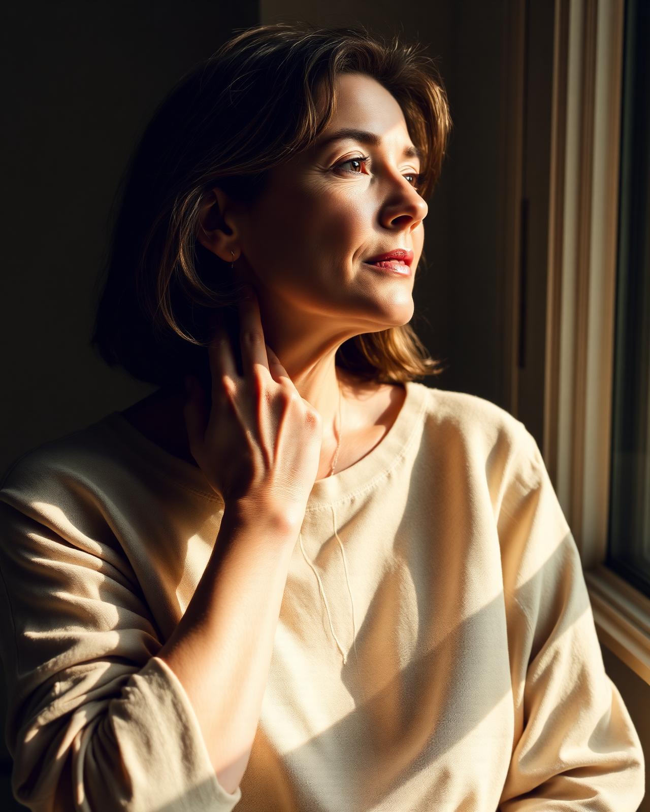 Woman in soft window light with a hand resting at the base of her neck, contemplative midlife portrait
