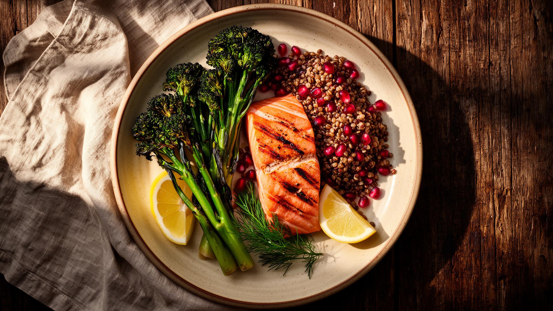 A grilled salmon, charred broccolini and pomegranate freekeh on a rustic ceramic plate